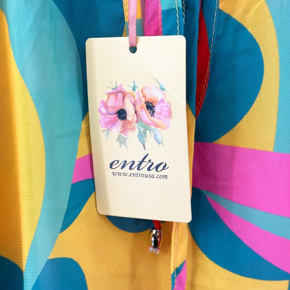 ENTRO Retro Print Ruffle Blouse NWT • Small • pink yellow green • bright funky - Picture 5 of 7